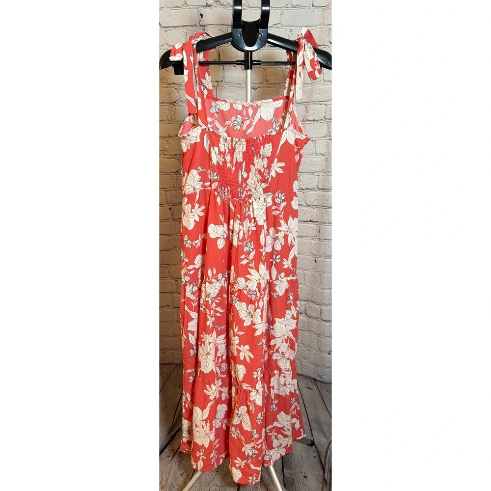 Social Standard by Sanctuary Coral Orange Floral Tiered Midi Dress Large